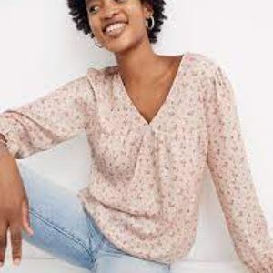Madewell Satin Puff Sleeve V-Neck Top in Baby Breath Size XS